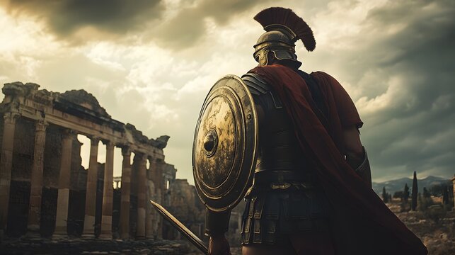 2. Roman centurion figure holding a shield and sword against a backdrop of ancient ruins