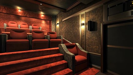 A home theater with red seats and a red carpet