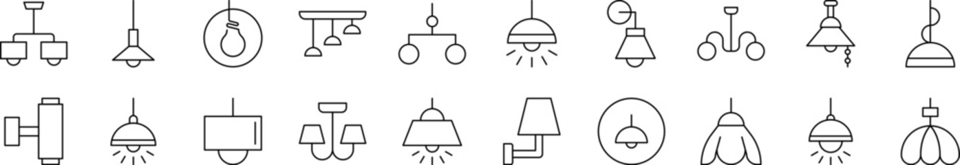 Lamps and Chandeliers Pack of Thin Icons. Editable Stroke. Suitable for Web Sites, Books, Cards, Apps
