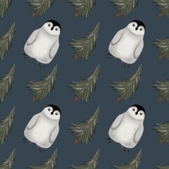 Christmas pattern featuring penguins and evergreen trees on a dark background for festive decor