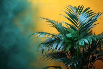Naklejka premium Green and Yellow Background with Palm Plant in Foreground – Smoke Effect, Blurred Background, High-Resolution Photography 