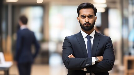 Fototapeta premium Young professional man standing confidently with arms crossed in a modern office environment, showing leadership and determination.
