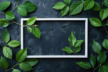Modern tropical leaves and empty frame composition with dark textured background for nature-inspired decor
