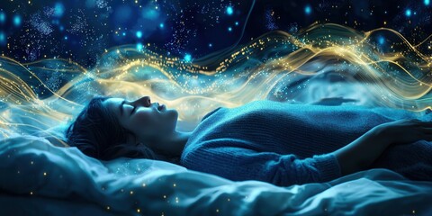 Obraz premium A person peacefully sleeping amidst a dreamy, star-filled background.