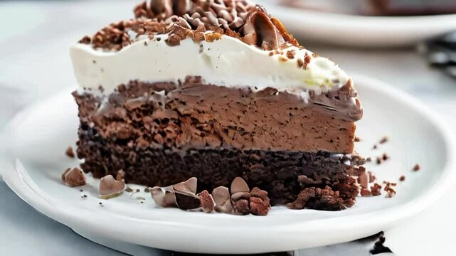 Video of delicious chocolate mud cake with melted marshmallows on a plate. American cuisine pastry
