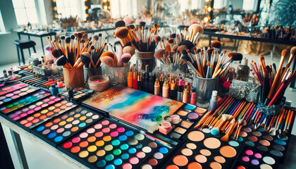 Naklejka premium A makeup station is filled with colorful palettes and brushes, creating a lively atmosphere for creative expression 