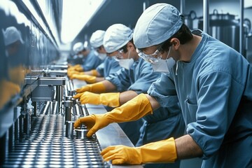 Naklejka premium Workers in protective gear operating machinery in a modern factory setting.