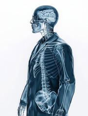 Obraz premium X-ray illustration showing human skeleton and skull in profile view.