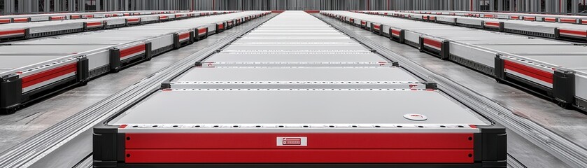 Obraz premium Warehouse storage system with red and gray containers in a linear arrangement.