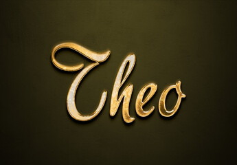Old gold text effect of name Theo with 3D glossy style Mockup.	
