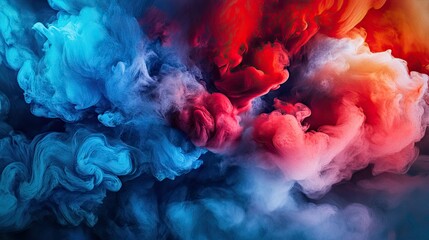 Fototapeta premium A close-up of red and blue acrylic paint mixing underwater, forming vibrant clouds of color with intricate swirling patterns as the explosion unfolds.