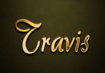 Old gold text effect of name Travis with 3D glossy style Mockup.	