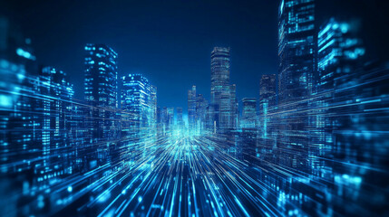 Obraz premium This digital cityscape features glowing lines and skyscrapers in a high-tech style, with a blue color theme and a wide-angle view showing buildings in motion blur against a dark sky, created through A