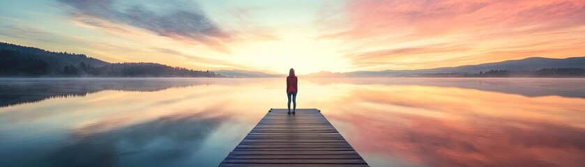 Fototapeta premium A serene sunset over a calm lake, with a figure standing on a pier, reflecting tranquility and solitude in nature.