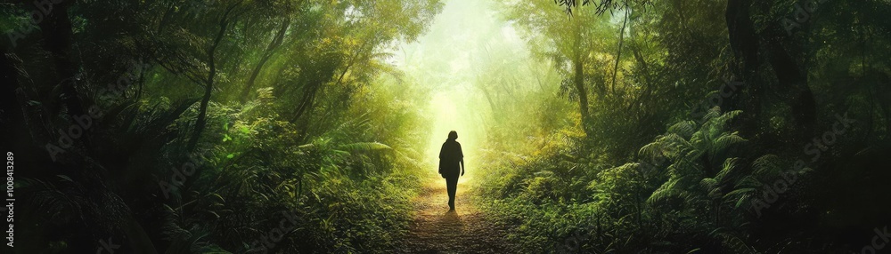 Poster a serene forest path with a solitary figure, bathed in soft light, inviting exploration and reflecti