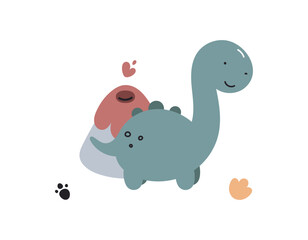 Print with cute dinosaur. Diplodocus. Childish cartoon flat vector illustration. 