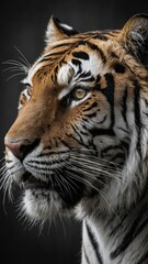 Fototapeta premium Majestic adult Bengal tiger with striking orange and black striped fur, piercing yellow eyes, and long whiskers against dark background