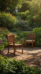 Obraz premium Two wooden chairs in lush, colorful garden with various plants, flowers, and stone path