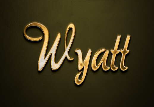 Old gold text effect of name Wyatt with 3D glossy style Mockup.	