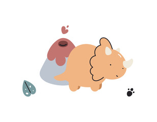 Print with cute dinosaur. Triceratops. Childish cartoon flat vector illustration.