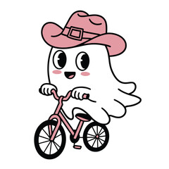 Cute ghost riding bicycle with cowboy hat illustration