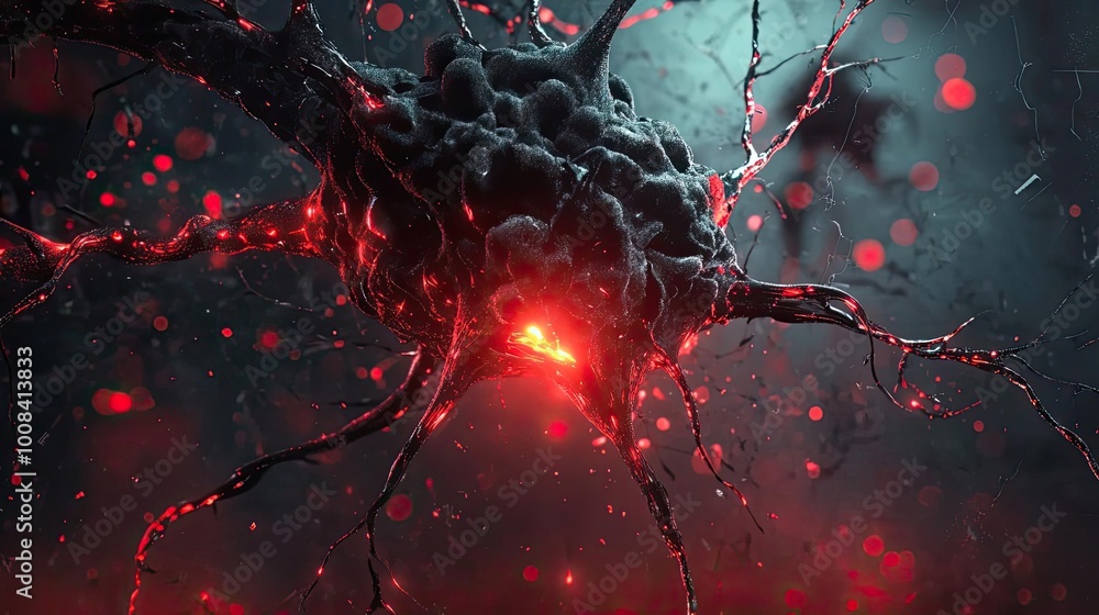 Poster Dramatic close-up of a glowing neuron with striking details, showcasing the complexity of the nervous system in vivid colors.