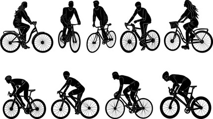 people on bicycles silhouette on white background, vector