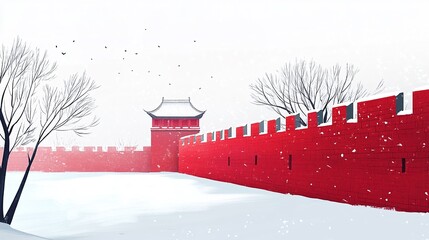 A winter scenery with a red wall