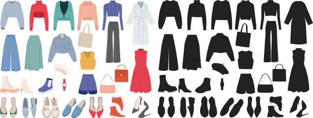 Set of women's fashion clothes for every day in flat style on white background, vector