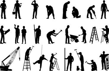 Obraz premium set of builders working silhouette on white background, vector