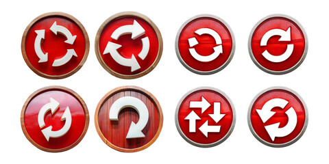 collection of red circular rotation symbols with various arrow designs, isolated on transparent background. Ideal for use in UI, refresh, and navigation-themed projects.