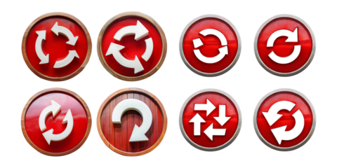 collection of red circular rotation symbols with various arrow designs, isolated on transparent background. Ideal for use in UI, refresh, and navigation-themed projects.