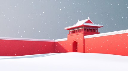 a red building with a red fence and a red fence with a snowflakes falling on it