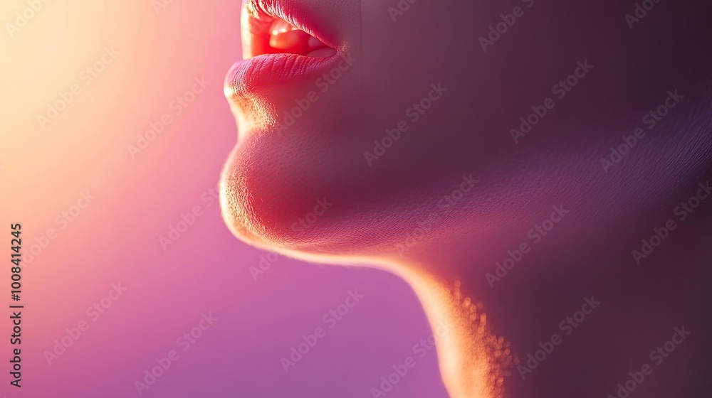 Poster Close-up of a person's lips and chin softly illuminated by warm light, creating a serene and intimate atmosphere.