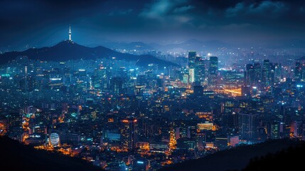 A dazzling Seoul skyline at night, illuminated by countless city lights, with Namsan Mountain and its tower in the foreground and the majestic Bukhansan mountains behind.