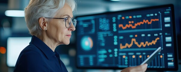 Senior woman using a tablet to monitor stock portfolio, blending technology with retirement investment silver economy, digital investment
