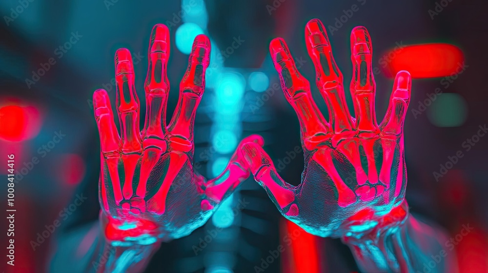 Poster glowing skeletal hands create a striking visual against a vibrant background, showcasing a mix of ar