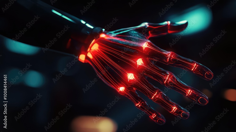 Poster futuristic robotic hand with glowing red circuitry illuminates a dark environment, showcasing advanc