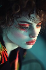 Fashion portrait, young woman with abstract creative makeup looks