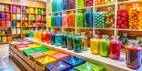 Obraz premium Colorful packaging display in a modern store showcasing various products for retail shopping experience