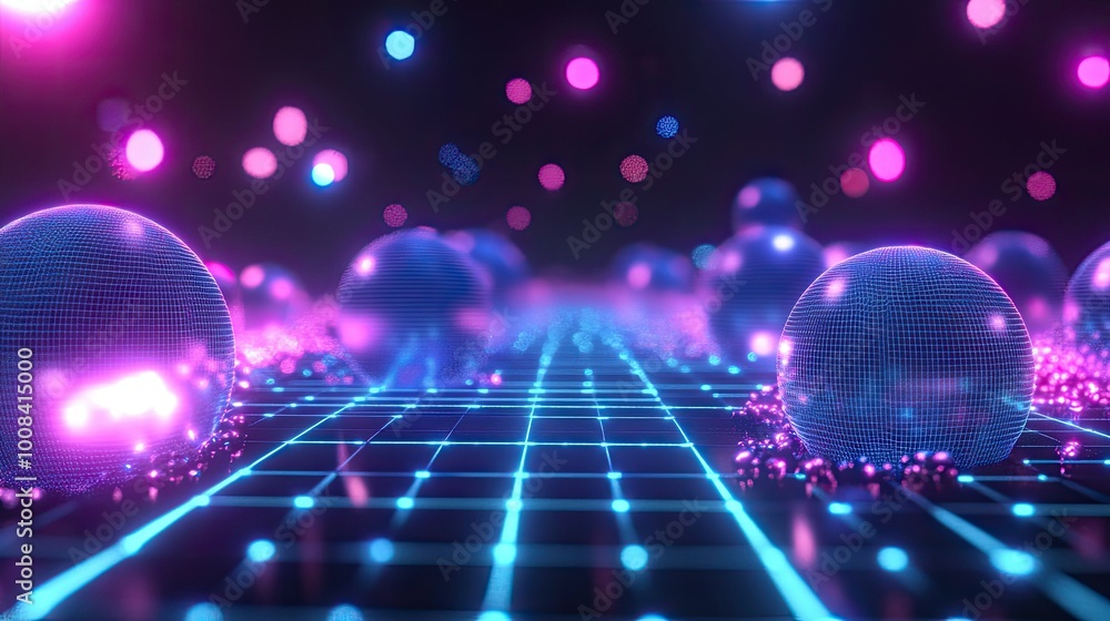 Poster a digital landscape with 3d rendering of neon grids and floating spheres, creating a tech-inspired b