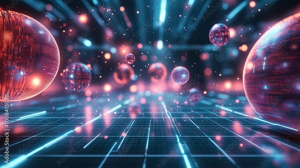 Poster a digital landscape with 3d rendering of neon grids and floating spheres, creating a tech-inspired b