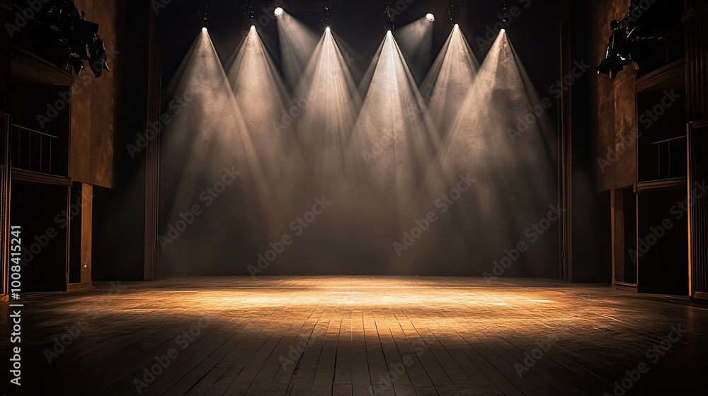 Poster a dimly lit empty theater stage, with sharp spotlights casting light on the center floor while the d