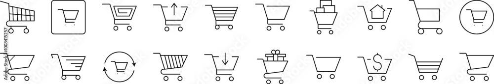 Poster shopping cart outline simple linear image collection. editable stroke. suitable for web sites, books