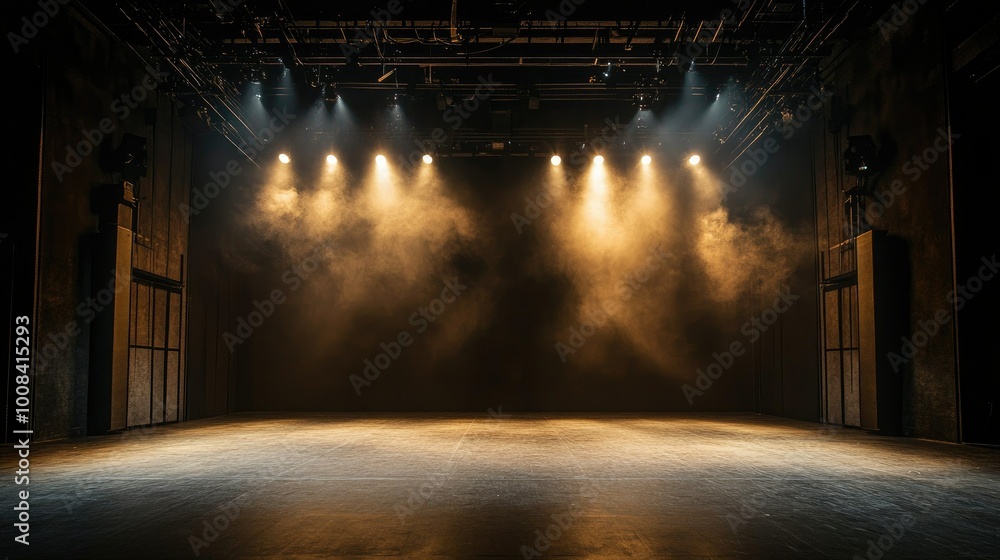 Poster a dimly lit empty theater stage, with sharp spotlights casting light on the center floor while the d