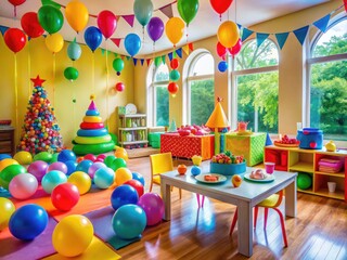 Colorful Playroom Decorated for a Fun and Joyful Children's Birthday Celebration or Party