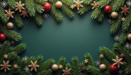 mockup with coniferous branches New Year mockup top view on green bacground - Image