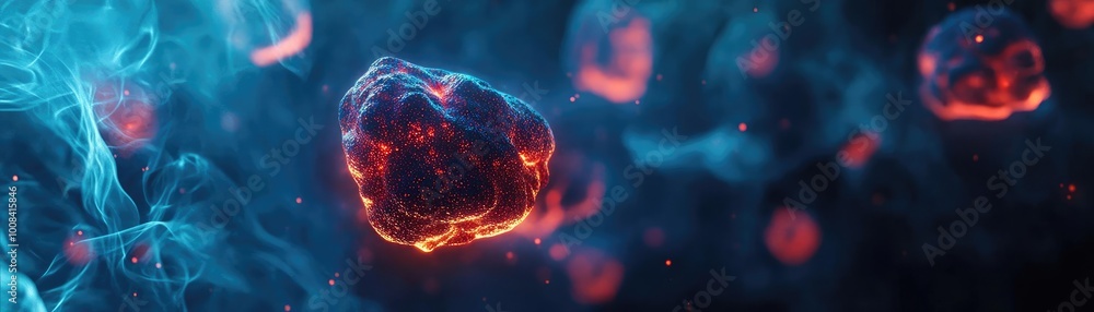Poster abstract representation of glowing particles in a vibrant blue and red environment, perfect for visu