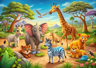Colorful Safari Adventure Illustrations for Kids Featuring Wildlife and Fun Animal Characters