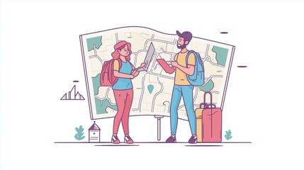 Fototapeta premium Travel agency web concept. Operator helps client to choose tourist tour at map scene. Banner template with flat line characters design. Vector illustration for social media promotional materials